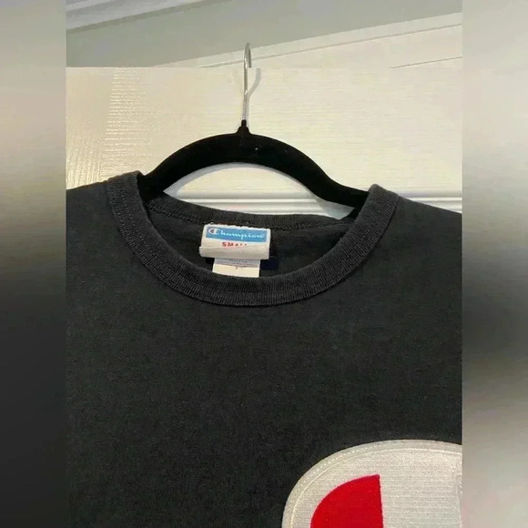 VTG Champion Men’s Black Large Logo Appliqué Short Sleeve Crew Tee Shirt Size S - Picture 10 of 10